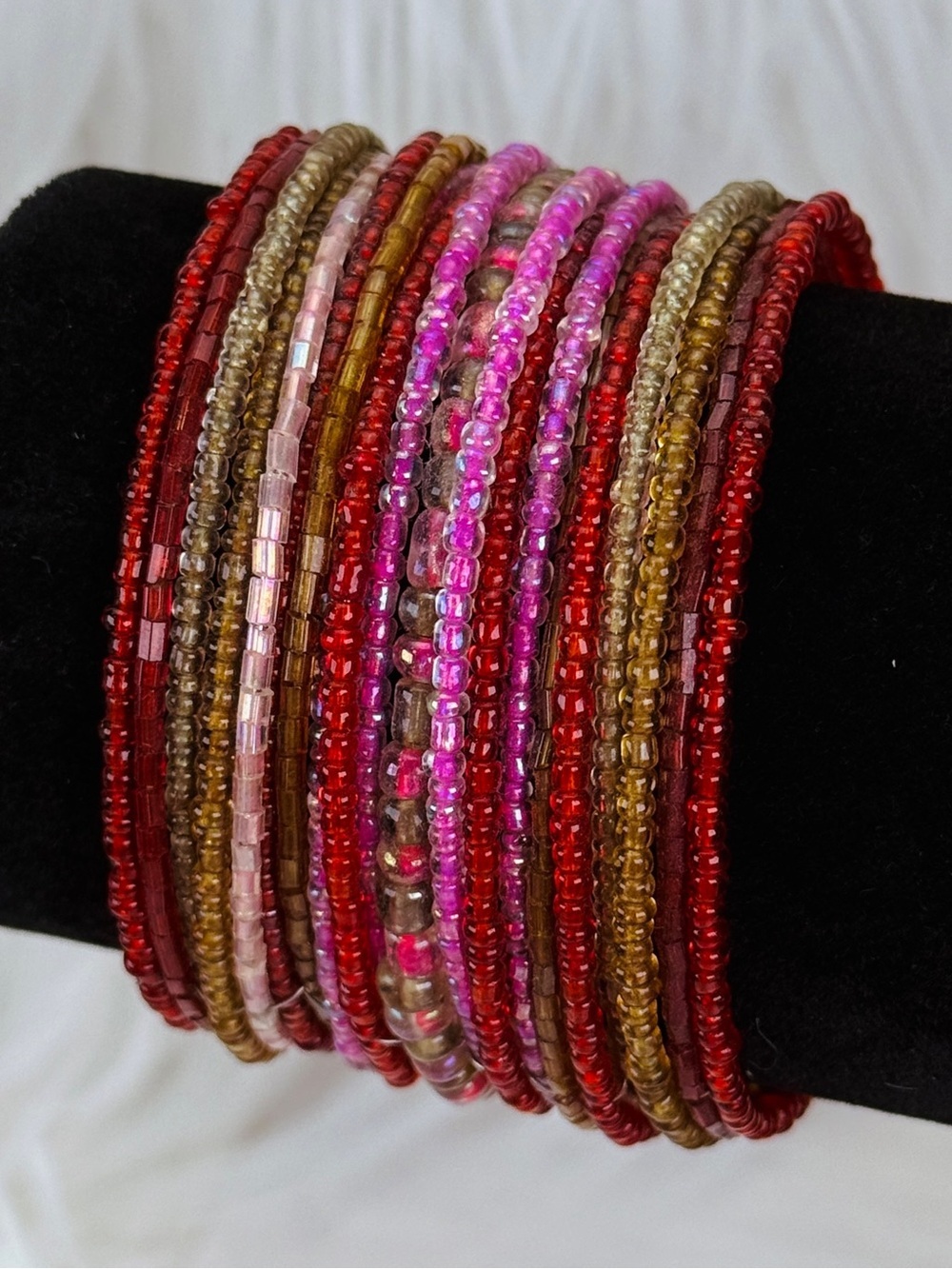 Multicolor Seed Bead Cuff Wrap Bracelet - Red, Pink & Goldtone